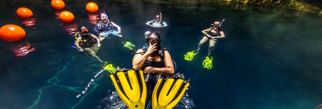 Course Catalog 5 people swimming in the water while 3 wear snorkling gear, and 2 wear scuba gear
