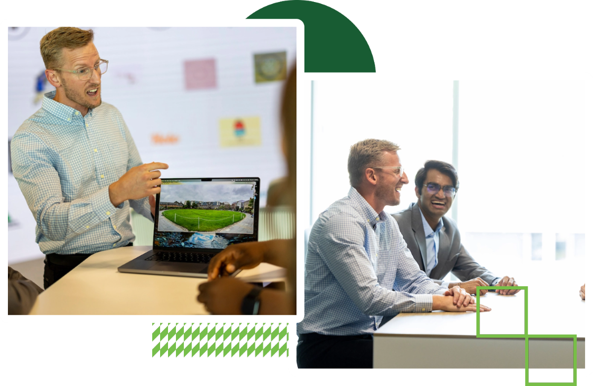 overlapping images of the same person, in one photo he is leading a meeting, in another he is chatting with coworkers