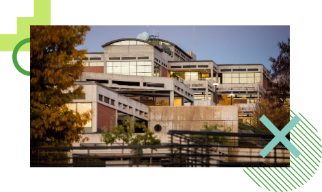 outside of the CET building at sunset
