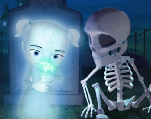 digital rendering of graveyard with ghost and skeleton