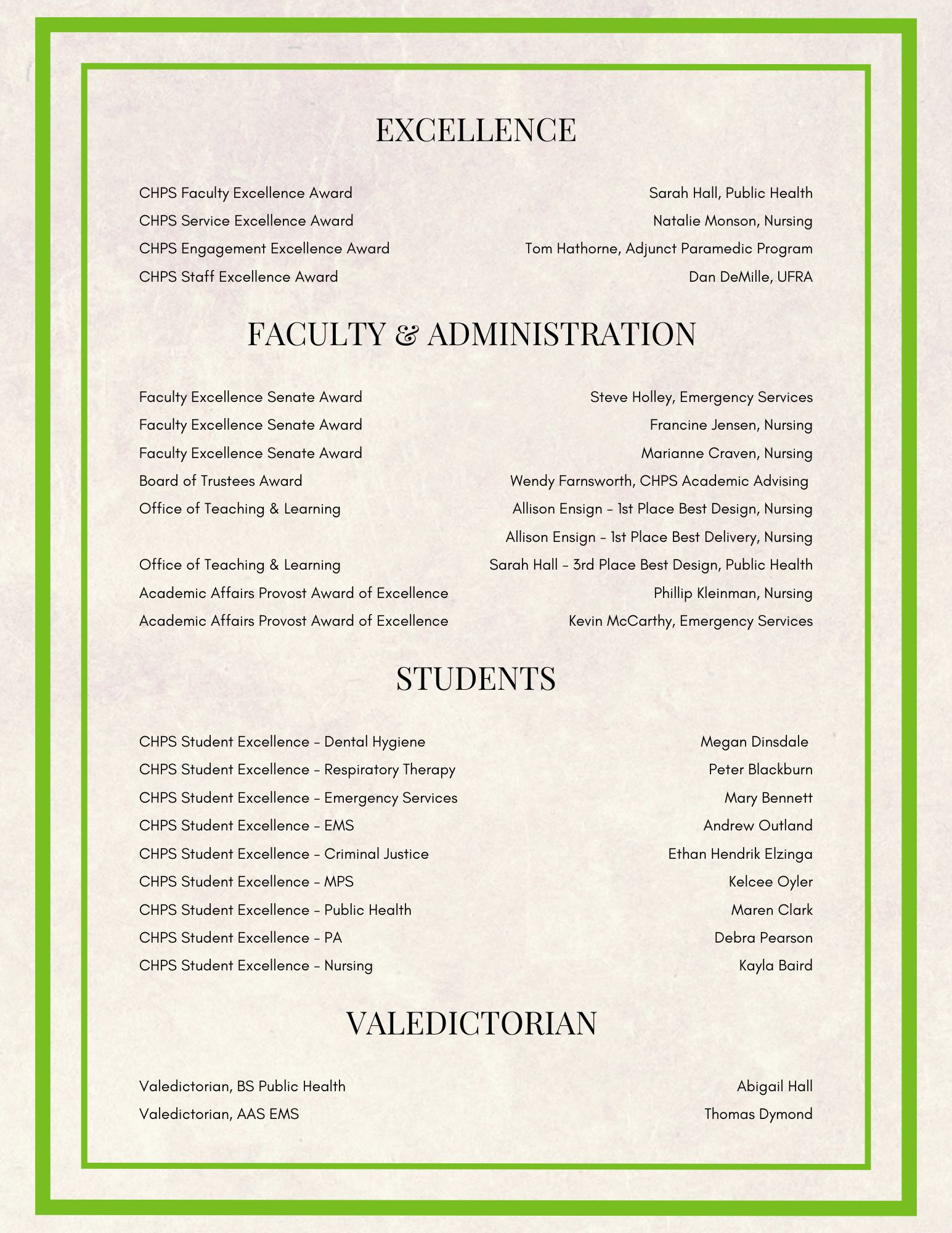 back of excellence and award program