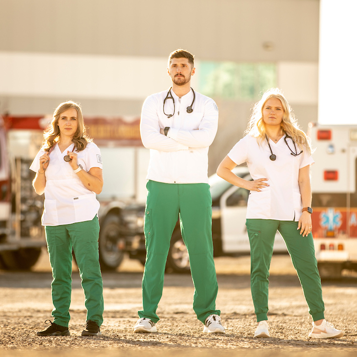 3 nurses in scrubs
