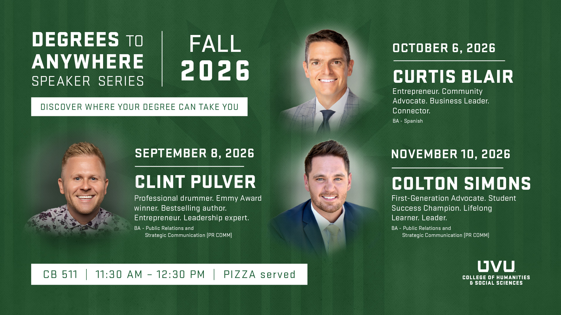 Upcoming Fall 2026 speakers presenting at 11:30am-12:30pm in CB511: Clint Pulver on September 8th, Curtis Blair on October 6th, and Colton Simons on November 10th.