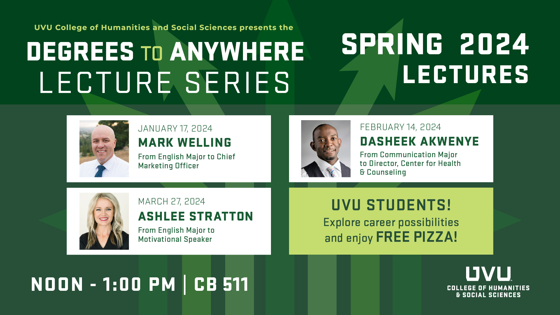 Upcoming Spring 2024 speakers presenting at noon to 1pm in CB510/511: Mark Welling on January 17th, DaSheek Akwenye on February 14th, and Ashlee Stratton on March 27th