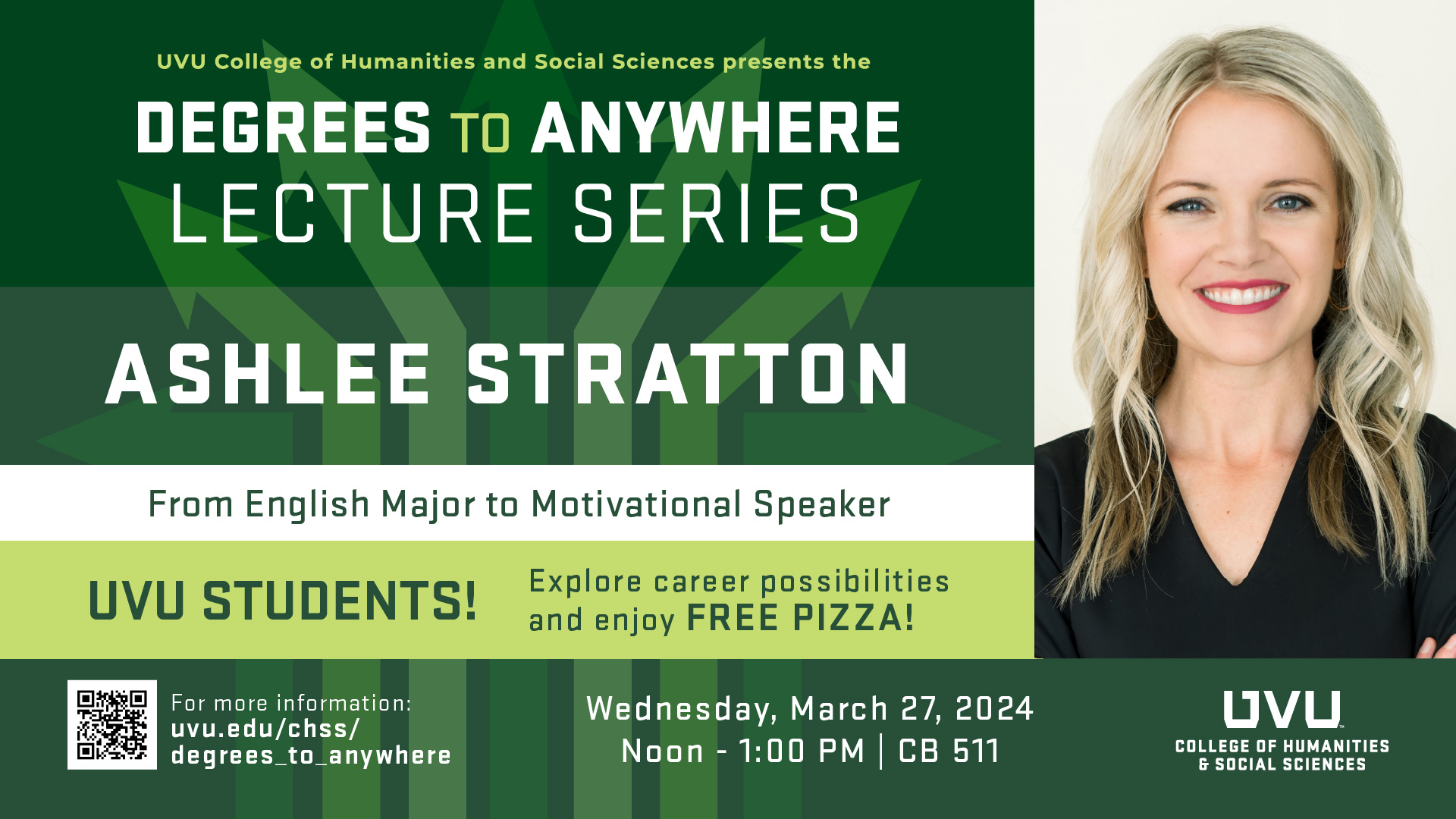 Degrees to Anywhere speaker Ashlee Stratton, presenting on March 27, 2024 at 12pm-1pm in CB510/511 