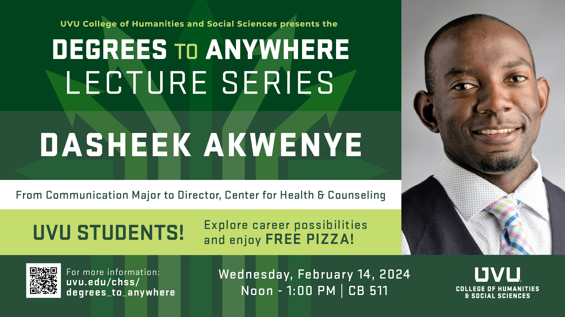 Degrees to Anywhere speaker DaSheek Akwenye, presenting on February 14, 2024 at 12pm-1pm in CB510/511 