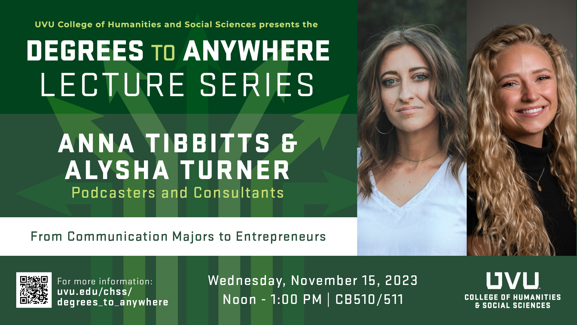 Degrees to Anywhere speakers Anna Tibbitts and Alysha Turner, presenting on November 15, 2023 at 12pm-1pm in CB510/511