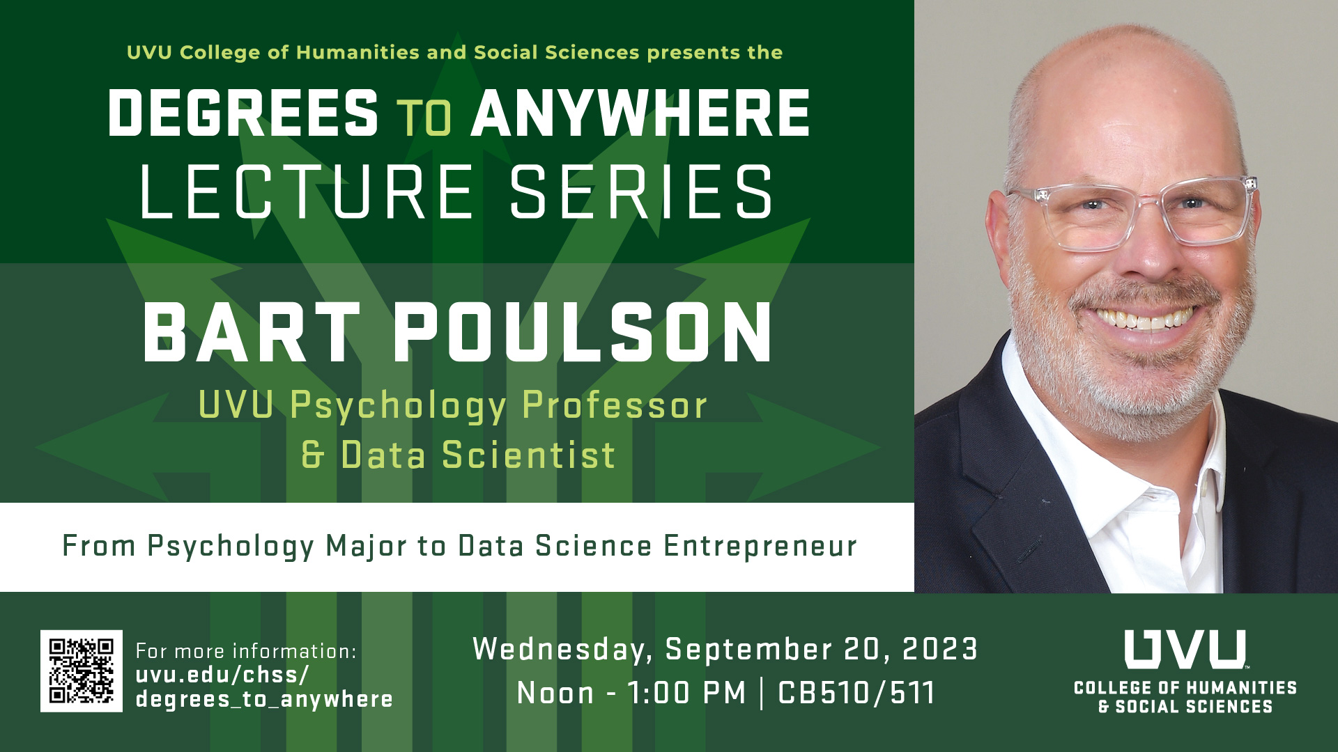 Degrees to Anywhere speaker Bart Poulson, presenting on September 20, 2023 at 12pm-1pm in CB510/511