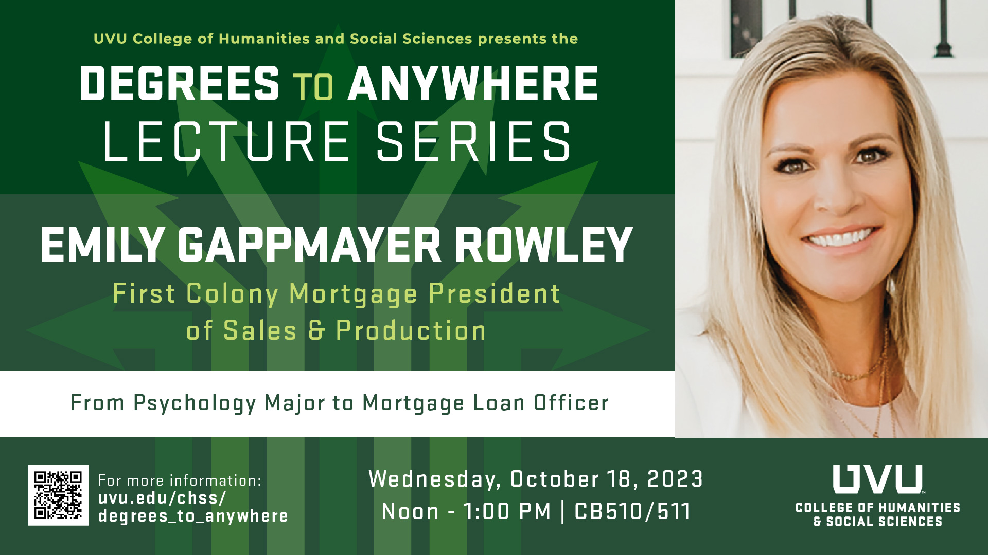 Degrees to Anywhere speaker Emily Rowley, presenting on October 18, 2023 at 12pm-1pm in CB510/511