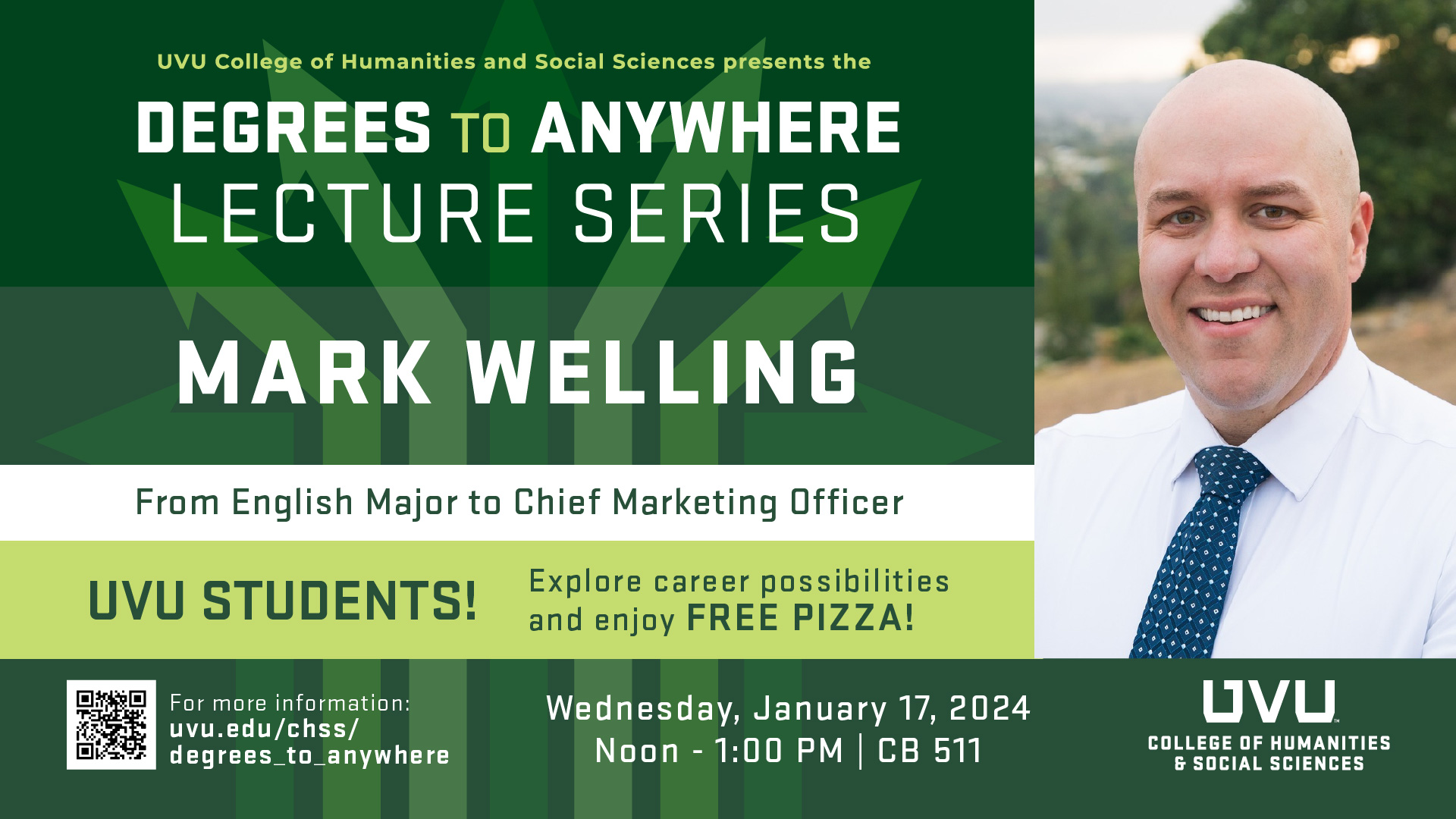 Degrees to Anywhere speaker Mark Welling, presenting on January 17, 2024 at 12pm-1pm in CB510/511 