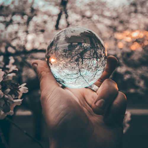 hand holding a glass ball reflecting cherry blossoms