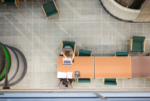 aerial view of students studying on campus