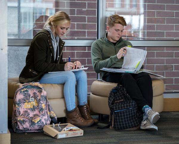 students working on homework on campus