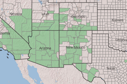 Map showing the native range of the Fremont Cottonwood.