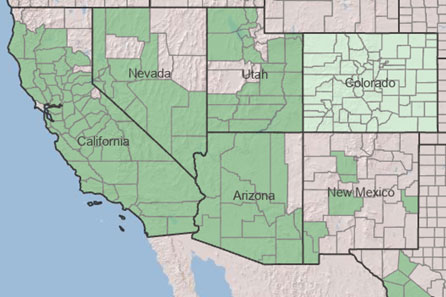 Map showing the native range of the Fremont Cottonwood.