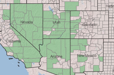Map showing the native range of the Green Ephedra.