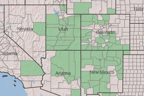 Map showing the native range of the Pinyon Pine.