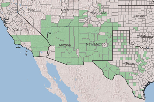 Distribution map of O. phaeacantha on a county level. [9]