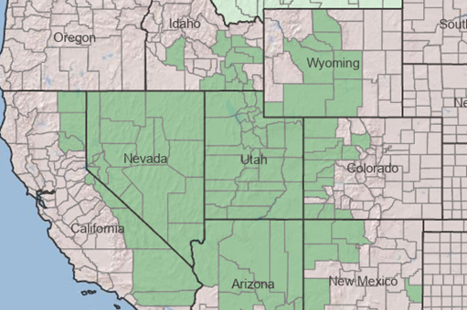 Map showing the native range of the Utah Juniper