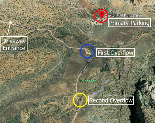 Satellite image of the CRFS parking spaces. There are two overflow parking areas south of the main parking area on pleasant creek road