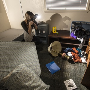 A woman photographing a crime scene