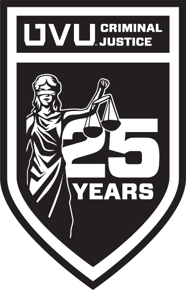 25 year anniversary logo, featuring lady justice