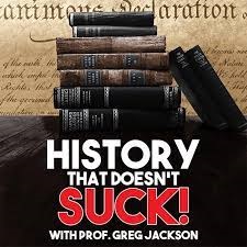 Podcast logo "History That Doesn't Suck" with old books and document in the background