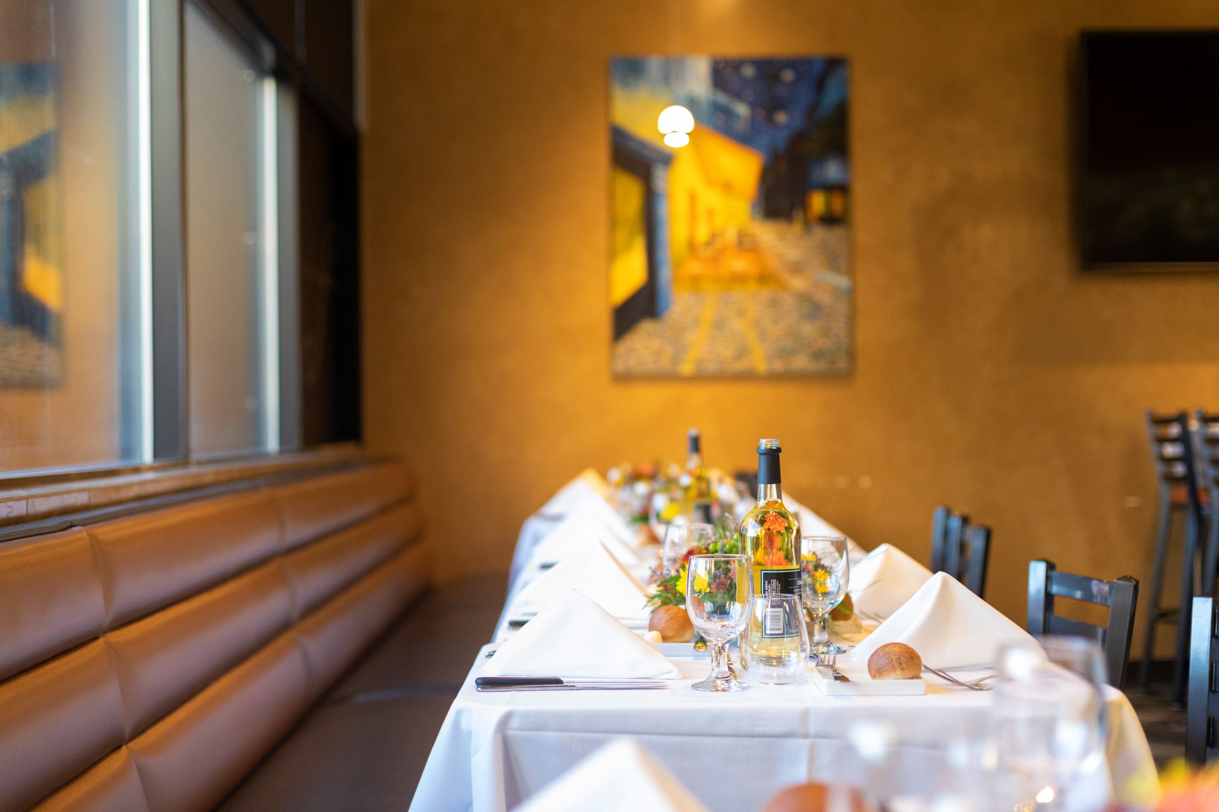 Set tables with tented napkins at Forte Restaurant 