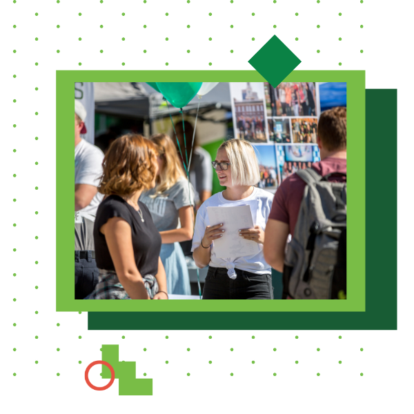 an image of an event on campus showing people and booths with two green boarders around it and a white background with green polka dots