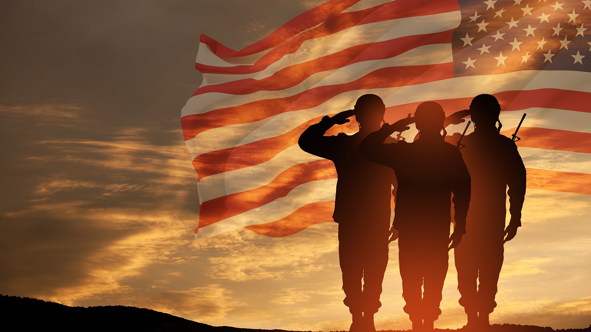 an american flag background with silhouettes of soilder's saluting
