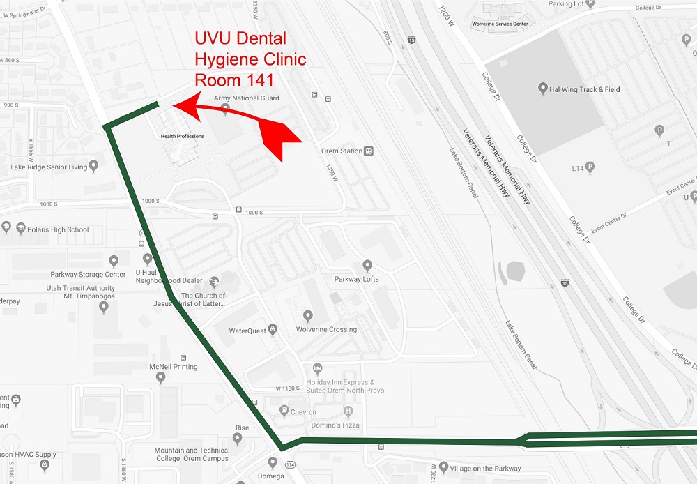 A map showing how to get to the UVU Dental clinic