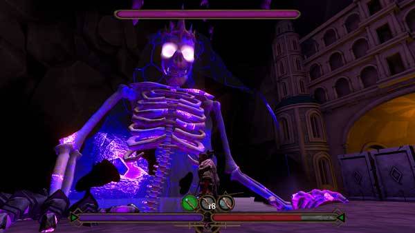 Screenshot of the end of the game where a large purple skeleton of the Giant Brodin towers over Malik. Power bars are shown at the top and bottom of the image with available weapons also on the bottom.