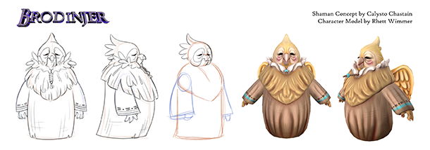 Shaman concept art with front and side sketches to three dimentional animation front and side views of the Buru character a birdlike creature in robes with angel wings and arms.