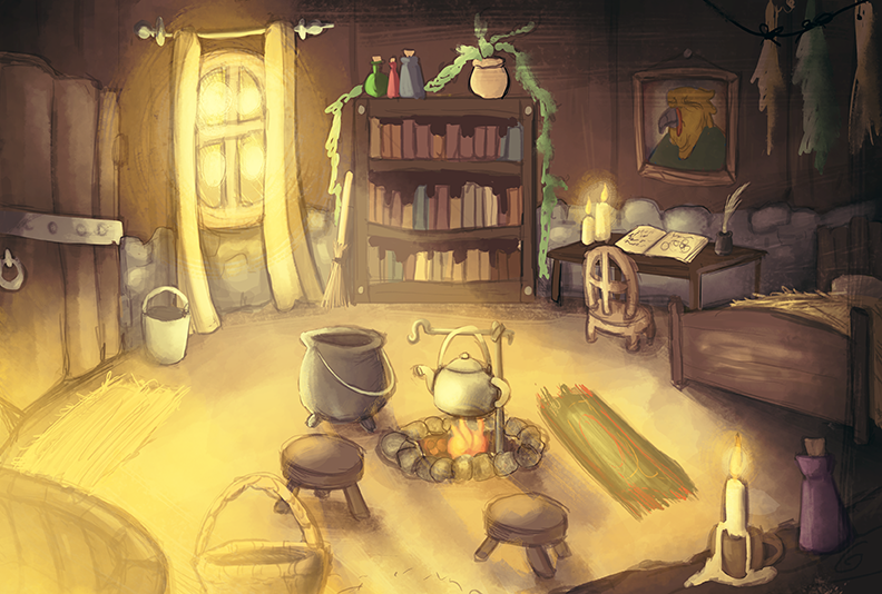 Concept art of Buru's hut with a bed, desk, bookcase, window, and door around the room. In the center is an small fire surrounded with rocks, a kettle hanging over it, and two stools nearby.