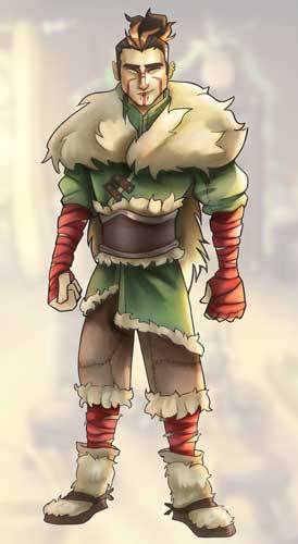 Hero gaming character Malik dressed in leather and fur with green coat and red bindings on arms and legs. He has his hair tied up and red lines on his nose, cheeks and chin.