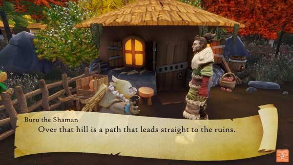 Screenshot of the game showing Buru the Shaman and Malik outside of Buru's hut. There is a banner at the bottom of the image giving direction by Buru "Over that hill is a path that leads straight to the ruins."