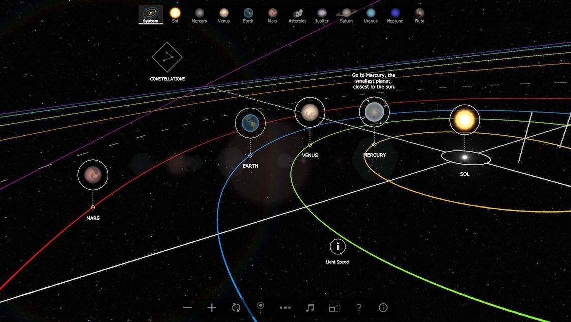 Screenshot showing part of the solar system including the Sun, Mercury, Venus, Earth, and Mars