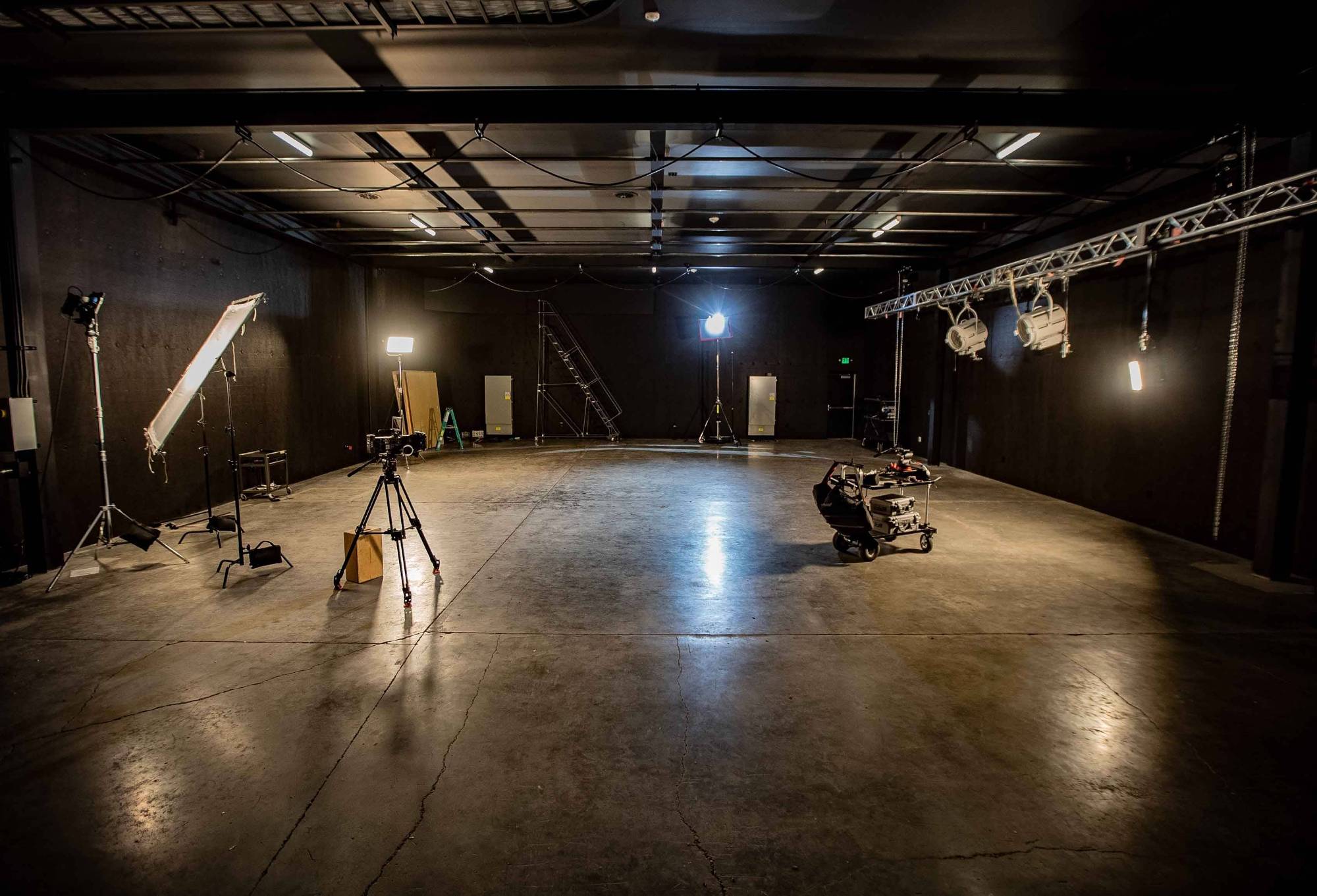 Cinema sound stage with camera and lighting equipment