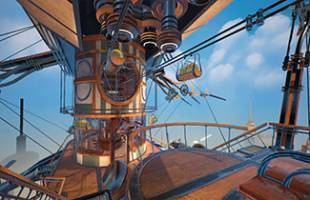 exterior of a steampunk styled animated airship