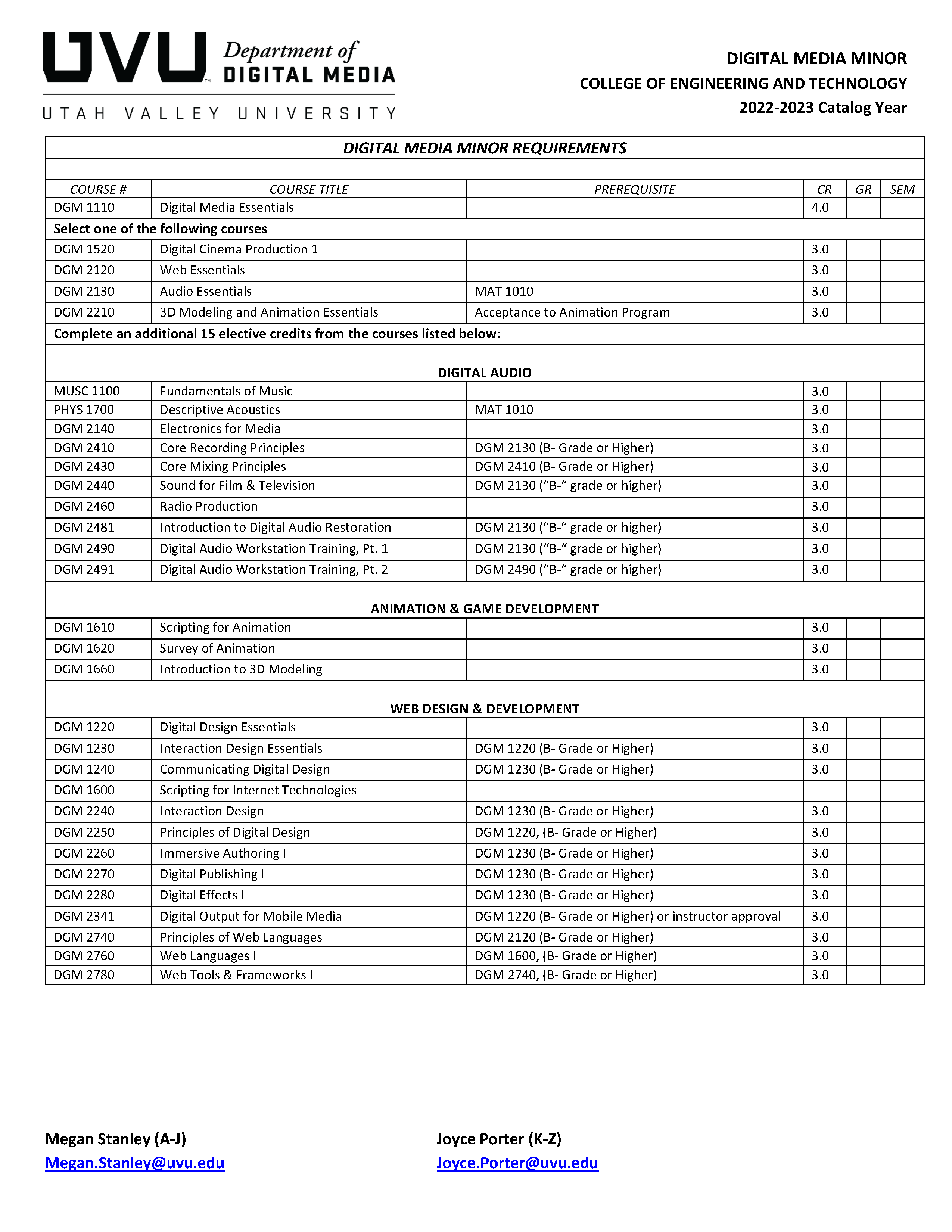Digital Media Minor Advising Sheet Page 1