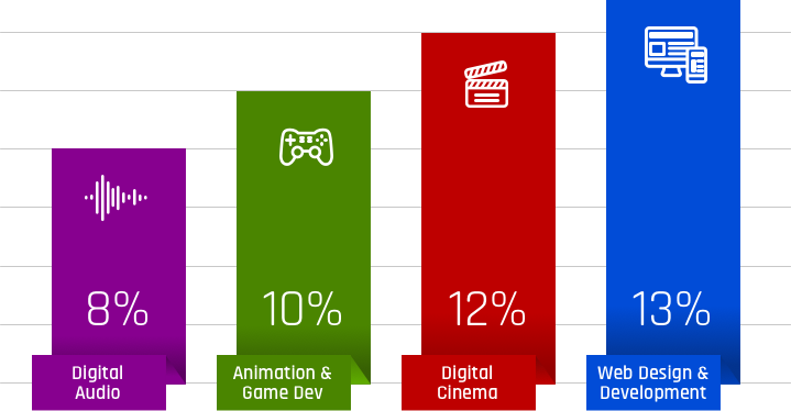 audio 8%, animation 10%, cinema 12%, web 13%