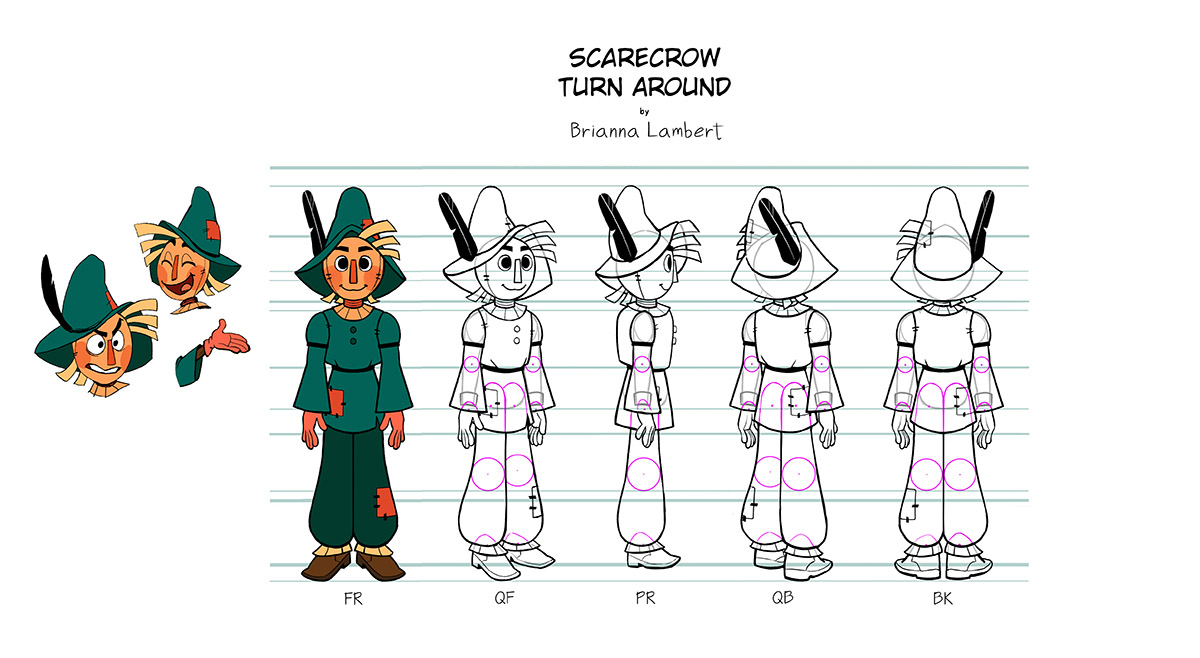 drawings of a scarecrow character at different angles