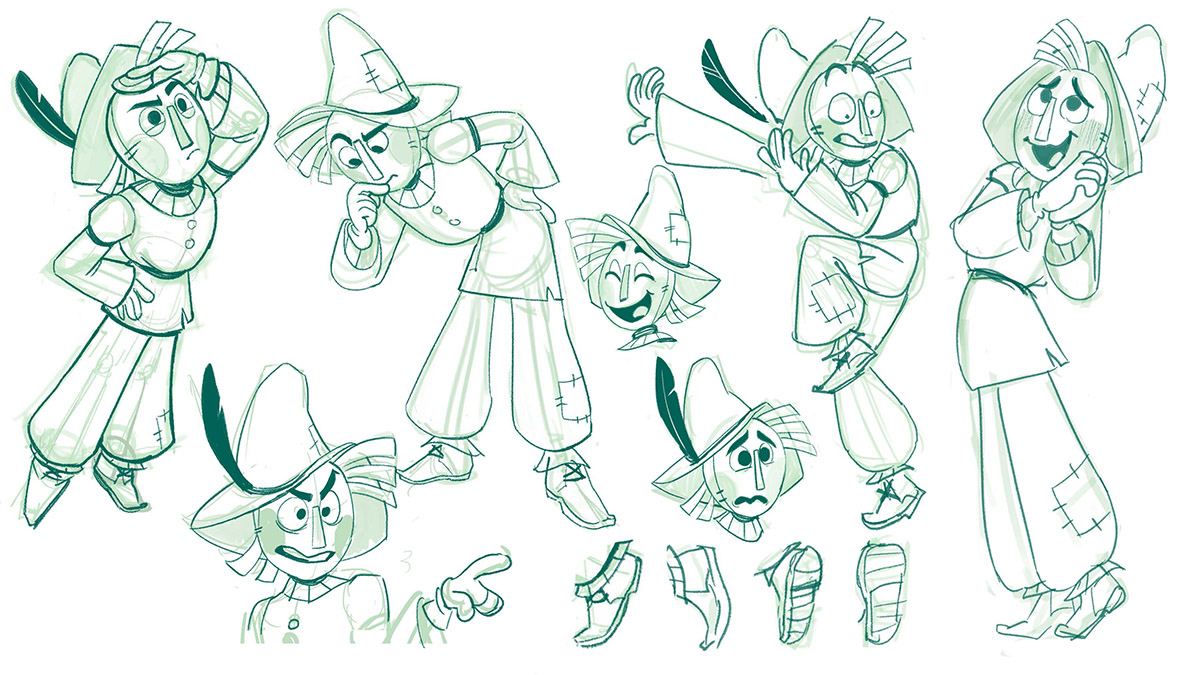 drawings of a scarecrow character posing