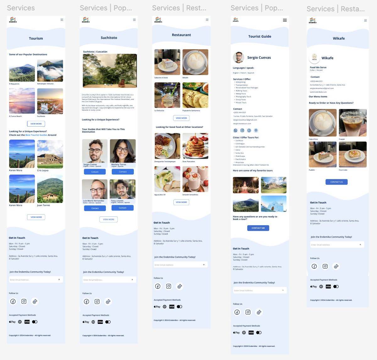 screenshot of several different pages of the mobile version of the endmika project