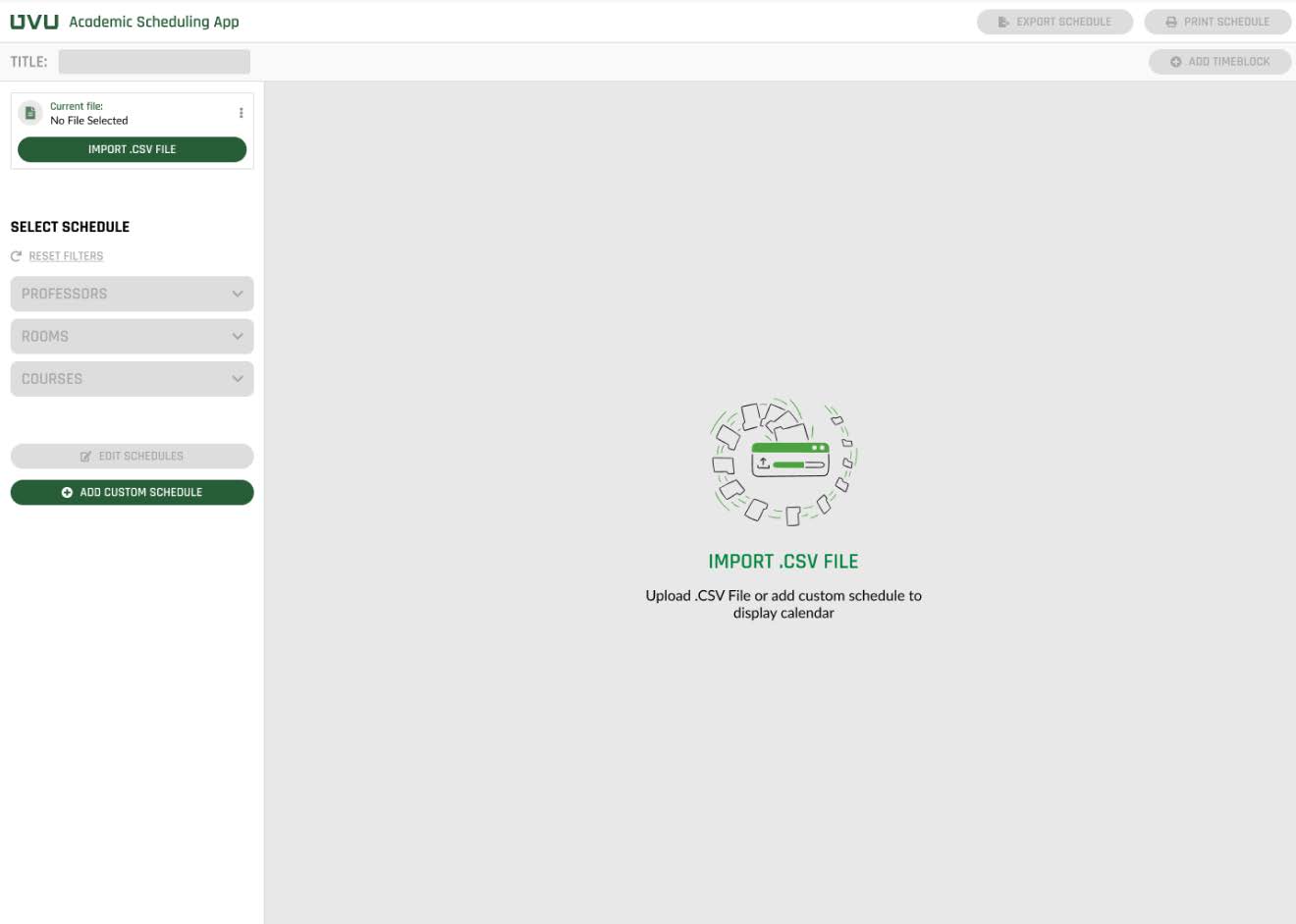 screenshot of the homepage of the scheduling app