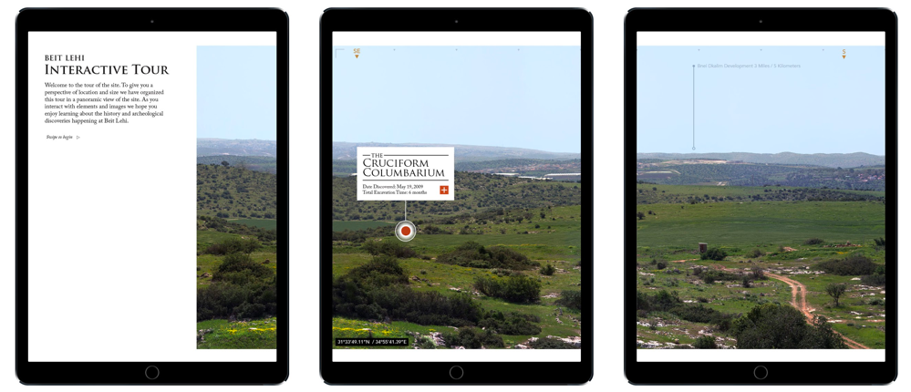 Three screenshots on three tablets first of which shows an introduction to the Interactive Tour the second two showing an elevated view of the Beit Lehi area with an interactive marker on the second pinpointing The Cruciform Columbarium