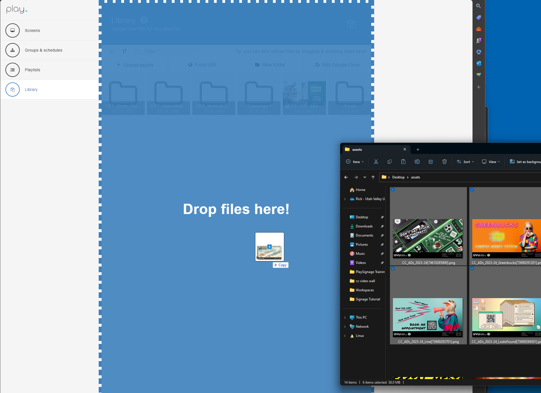 Screenshot of files dragged and dropped into PlaySignage asset library