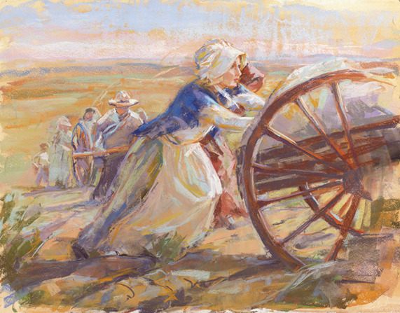 A pioneer woman pushes a handcart. 
