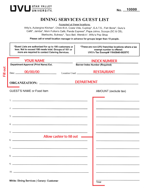 Example of Dining Services Guest List Form