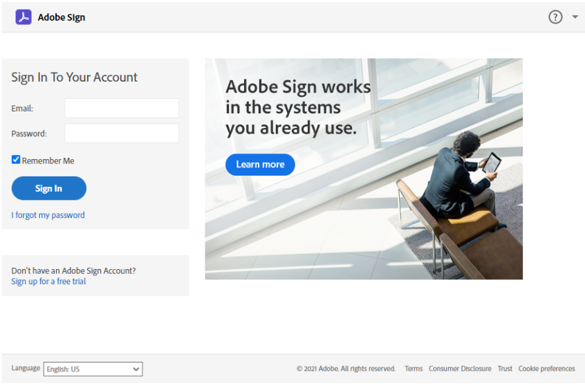 Adobe Sign Log In Page